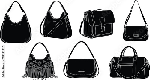 Hobo bags, crossbody purses, satchel, duffle bag and boho fringe handbag silhouettes, vector illustration