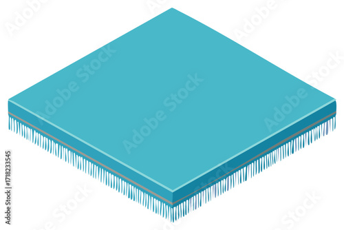 Turquoise beach towel with fringe detail presented in isometric perspective