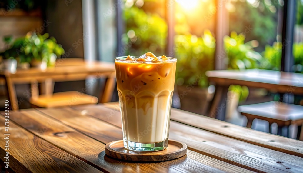 Obraz premium Iced Latte on Wooden Table in Sunny Cafe