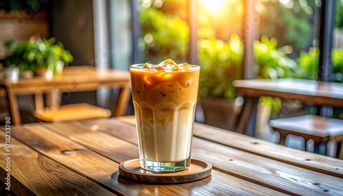 Iced Latte on Wooden Table in Sunny Cafe