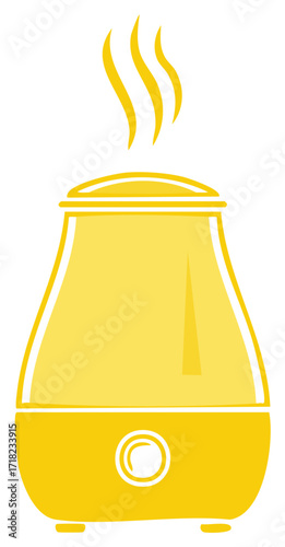 Yellow humidifier with steam, releasing vapors, home appliance for air moisturizing, aromatherapy vector icon
