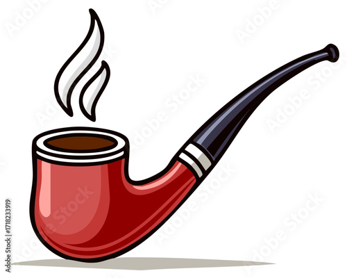 Cartoon Red Smoking Pipe with Smoke Rising Upward, Vector Illustration
