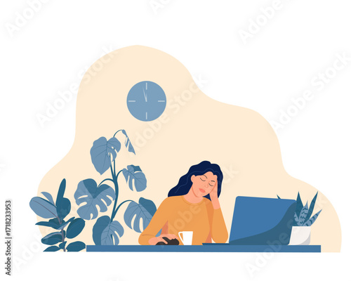 The concept of a home office. A woman working from home, a student, or a freelancer is sitting at the table. Comfortable organization of the workplace at home.

