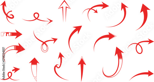 Red curved arrows set, abstract swirl arrow collection, loop and swoosh direction symbols, infographic design elements, vector illustration