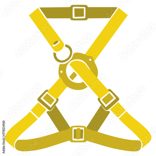 Flat vector illustration of a yellow pet body harness with adjustable straps and buckles for animal care