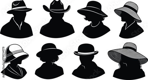 People in hat silhouettes set, various brim and crown styles for fashion and cultural design, vector illustration
