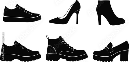 Shoes silhouette set, sneakers, women high heels, ankle boots, lace up boots, chunky loafers collection, fashion footwear vector illustration