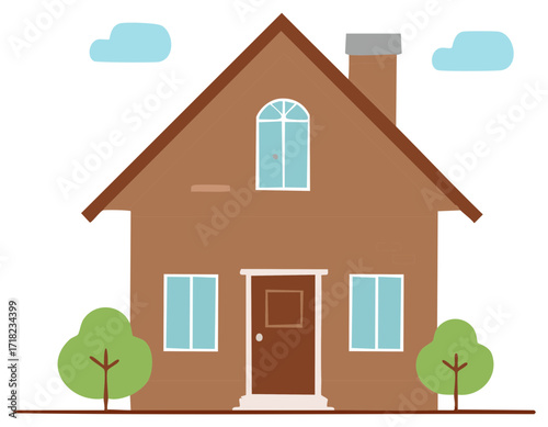 Charming illustration of a detached brown house with a pointed roof, arched window, and trees