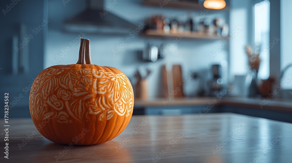 Fototapeta premium Ornate carved pumpkin sits on a kitchen counter with blurred background and soft studio lighting used