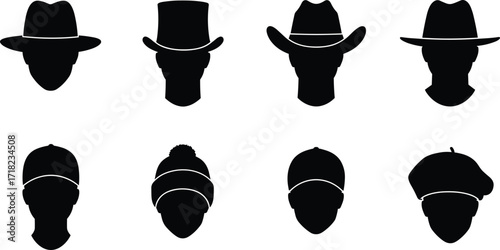 Silhouette profiles of people in assorted hat styles, fashion headwear collection vector illustration