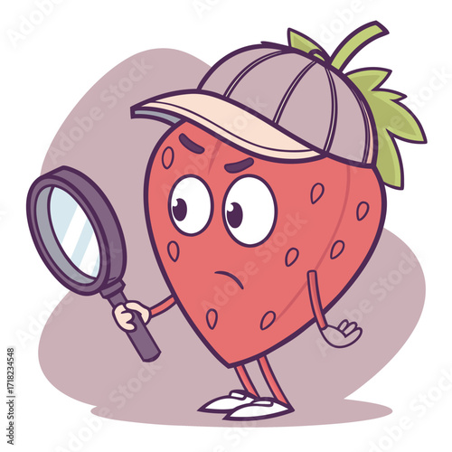 Strawberry detective with magnifying glass, cartoon character