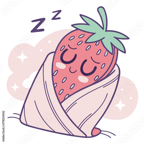 Sleeping strawberry character wrapped in a blanket, dreaming sweetly and cozy