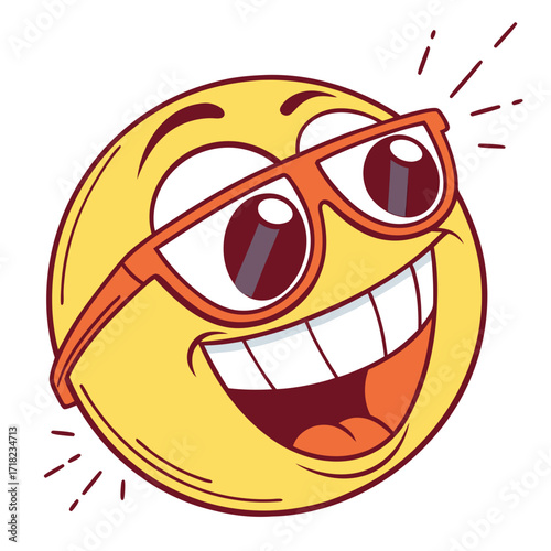 Happy emoji wearing orange glasses, smiling broadly