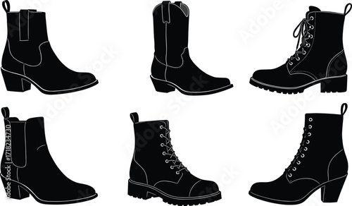 Silhouette set of stylish boots in assorted designs, fashion footwear collection vector illustration