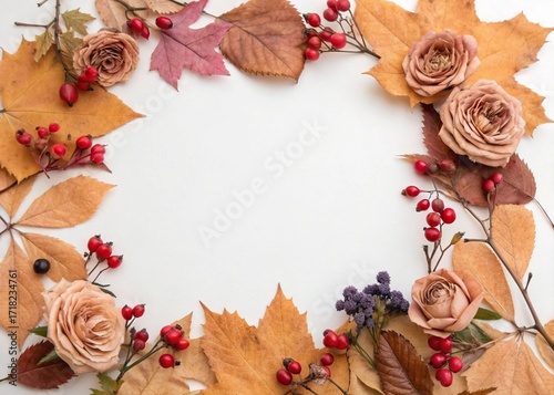 autumn leaves border, dry leaves of chestnut, maple and aspen lie on a white table