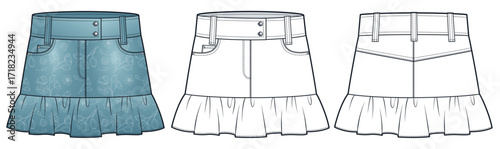 Denim Skirt with ruffle hem and floral print Technical Fashion Illustration. Mini Skirt fashion flat technical drawing template, front and back view, white, blue, women CAD mockup.