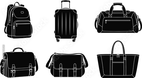 Travel bags silhouettes, backpack, suitcase, duffel, messenger, satchel and tote handbags collection, vector illustration