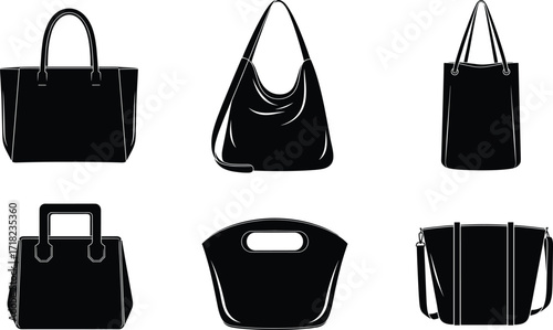 Tote bag silhouette bundle, elegant handbags and purses, women’s fashion accessories vector set