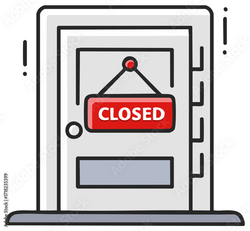 Vector illustration of a closed door with a red sign, business closure symbol