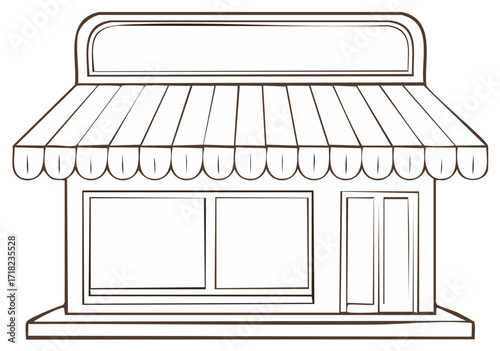 Outline drawing of a storefront with awning, blank sign, windows, and door