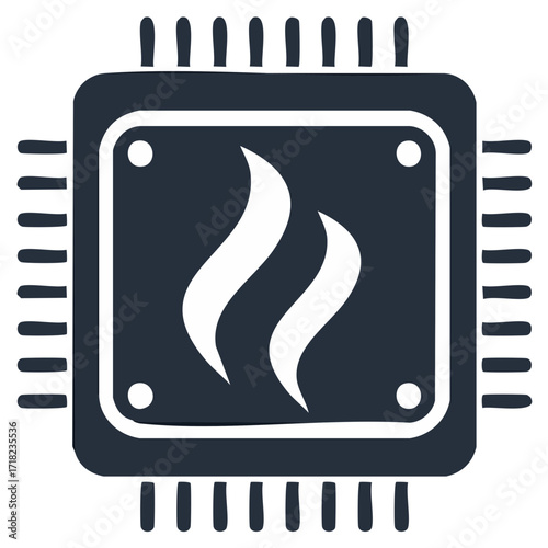 Heat emitting CPU icon illustration. Electronic circuit chip with flame symbol, vector design.