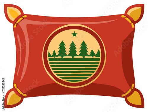 Regal Red Pillow with a Forest Emblem and Golden Tassels