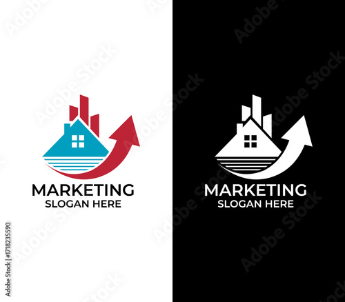 Growth Oriented Real Estate Logo Featuring House, Water Lines, and Upward Arrow