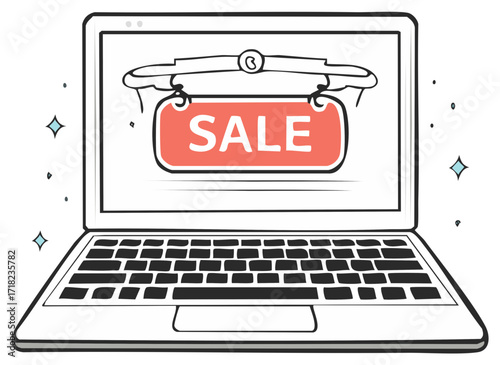 Stylized laptop displaying a decorative sale banner for online shopping promotions and special deals