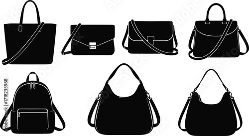 Women handbags and backpack silhouette set, fashion leather purses, tote bags, shoulder bags and accessories collection, vector illustration