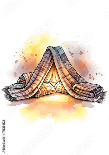 Cozy plaid blanket fort glowing with a warm inner light, a watercolor drawing symbolizing comfort and imagination