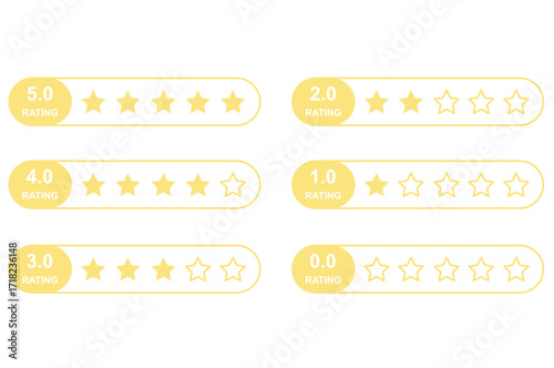 Vector rating stars set from zero to five with yellow rating labels, different star fill levels, customer satisfaction icons, user review elements, feedback ranking symbols on transparent background