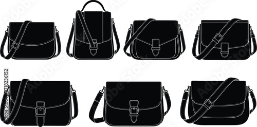 Women handbags silhouettes, buckle crossbody purses, stylish shoulder bags collection, fashion accessories set, vector illustration