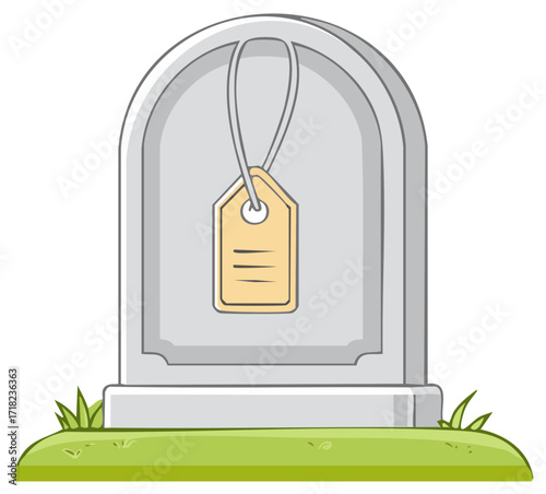 Conceptual illustration of a gravestone with a hanging price tag representing the cost of dying
