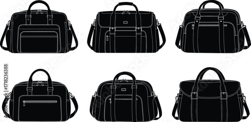 Women handbags silhouettes, duffel travel purses collection, stylish shoulder and tote bags set, fashion icons, vector illustration