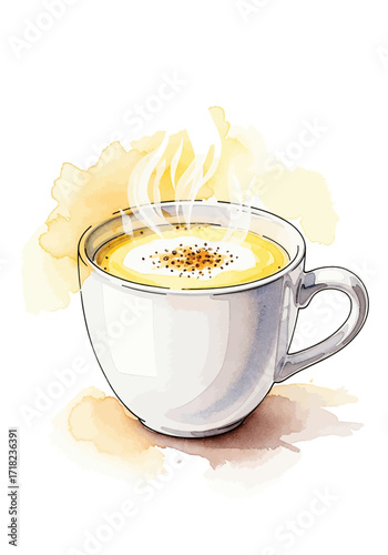 Watercolor Illustration of a Steaming Mug of Golden Milk with Cinnamon Sprinkle