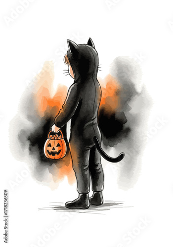 Charming watercolor illustration of a small child in a black cat costume ready for Halloween trick-or-treating