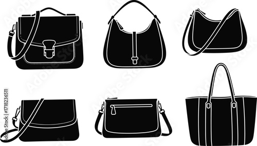Women handbags silhouettes, satchel, hobo, crossbody, clutch, zip purse and tote bag collection, vector illustration