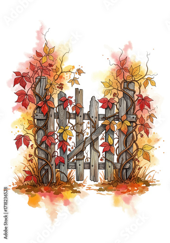 Autumnal Gate A Watercolor Painting of a Rustic Wooden Gate Embraced by Fall Foliage