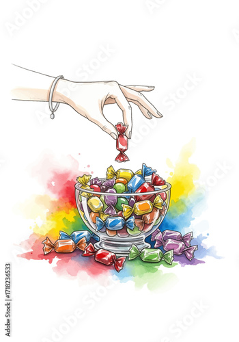 A moment of sweet temptation as a graceful hand selects a colorful, wrapped candy from a glass bowl full of treats