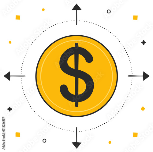 Gold Coin with Dollar Sign Surrounded by Directional Arrows Finance and Business Growth Concept