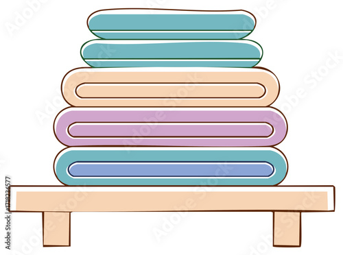 Pile of colorful folded towels on a wooden shelf illustration, perfect for bathroom or spa elements.