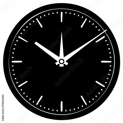 Clock face with hands illustration, black dial, time management symbol