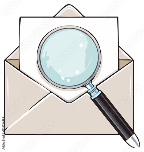 Magnifying glass examining a letter inside an open envelope, concept of inspection or discovery