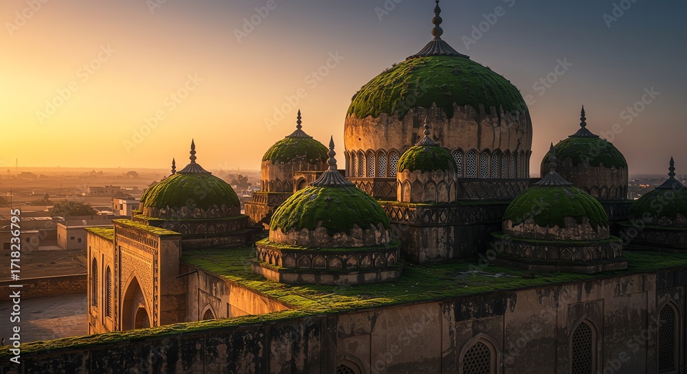 Fototapeta premium Ancient Islamic Architecture Moss Covered Domes Hyderabad India Sunset