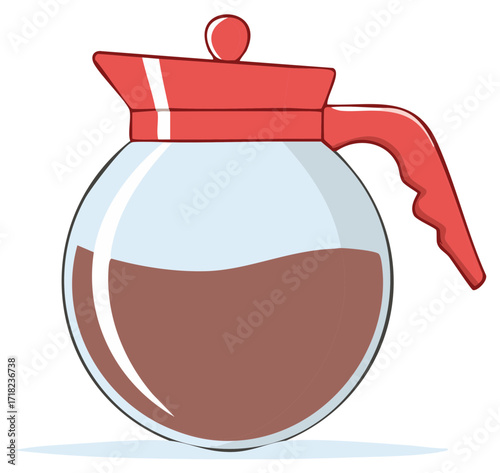 Glass coffee pot with red lid and handle filled with dark coffee beverage