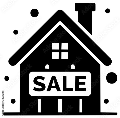 Black Silhouette of a House with a Sale Sign and Snowflakes Falling