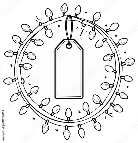 Outline drawing of decorative circular string lights surrounding a blank gift tag