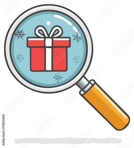 Magnifying glass with a gift box and snowflakes inside showing Christmas, holiday concept