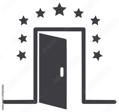 Open Door Icon Surrounded by Stars, Achievement, Success Concept, Minimalistic Style