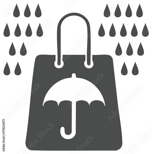 Shopping bag icon featuring umbrella image with rain drops, protecting purchases from the wet weather and seasonal promotions
